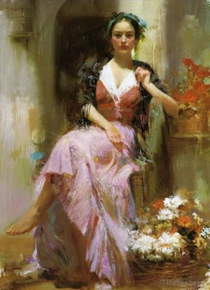 Pino Daeni lady and flowers - Contemporary Oil Painting Art