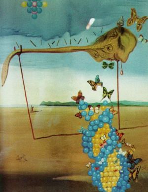 Contemporary Oil Painting - Butterfly Landscape The Great Masturbator in a Surrealist Landscape with D N A
