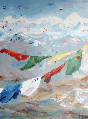 Prayer Flags on the Himalayas - Contemporary Oil Painting Art