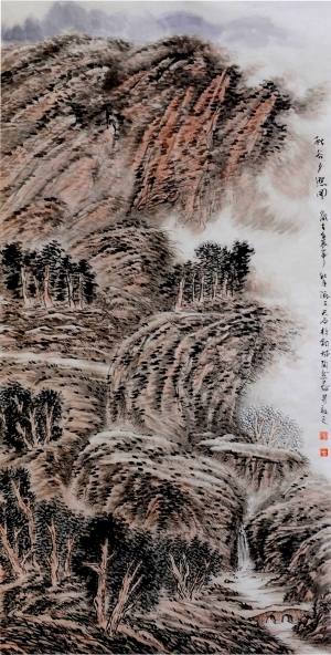 Contemporary Artwork by Liu Yuzhu - Setting Sun over Autumn Rocks